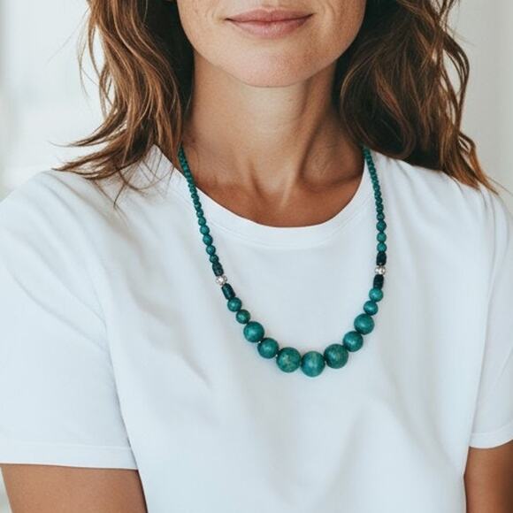 Vintage 1970s Teal Wooden Bead Necklace 27 Inch Chunky Boho Statement Jewelry - Picture 2 of 9